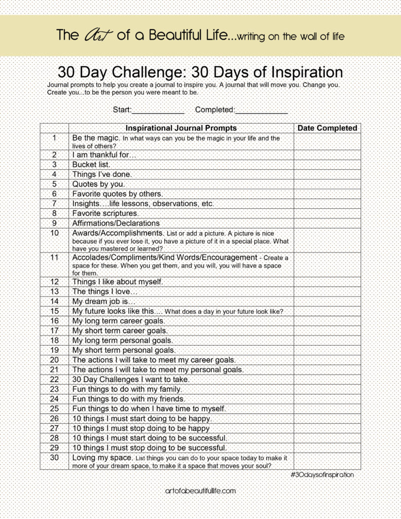 30 Day Challenge - Inspirational Journal - 30 Days of Inspiration | artofabeautifullife.com