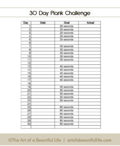 30 day plank challenge - printable