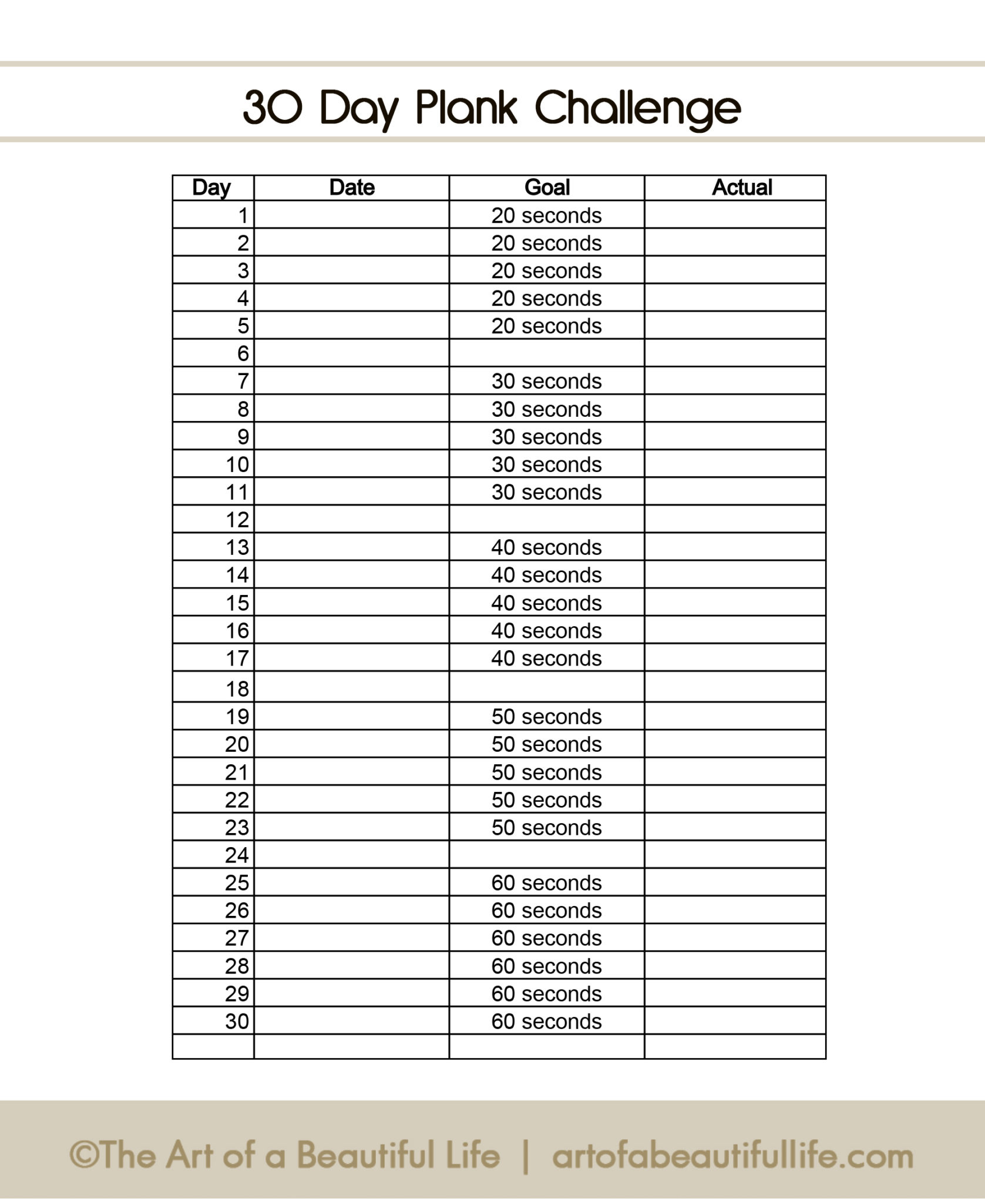 30 day plank challenge - printable