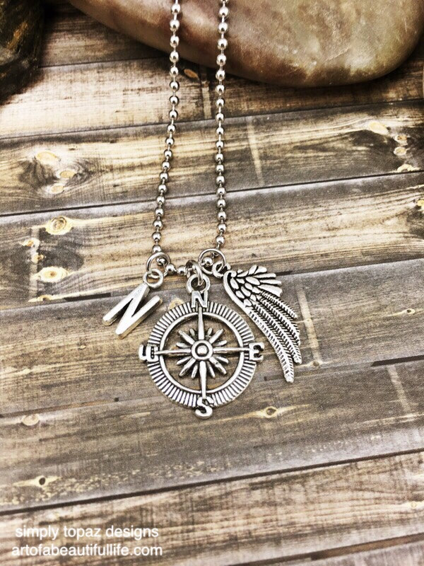 Compass Necklace with Wing and Personalized Initial