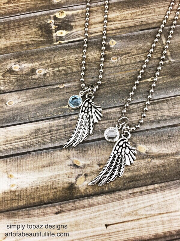 Wing Necklace Set of 2 Personalized with Birthstone