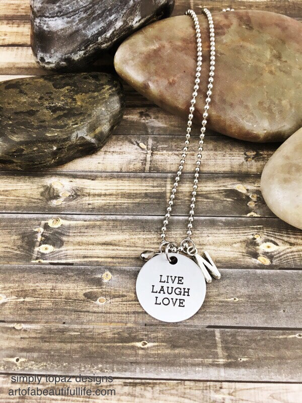 Live Laugh Love Necklace with Initial and Metallic Gem Inspirational Quote Necklace