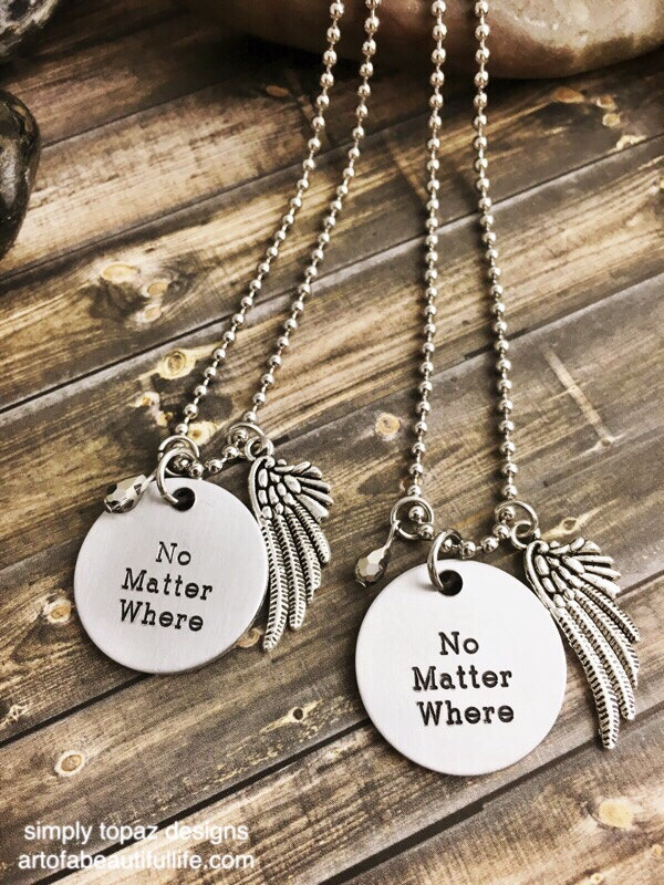 No Matter Where Necklace Set of 2 with Wing and Metallic Gem